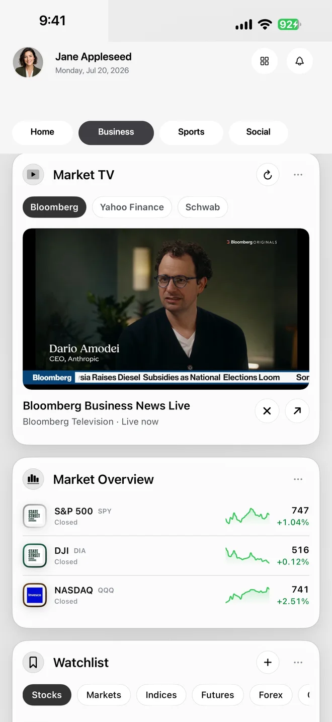 Light-mode desktop dashboard interface for an Apple platform application