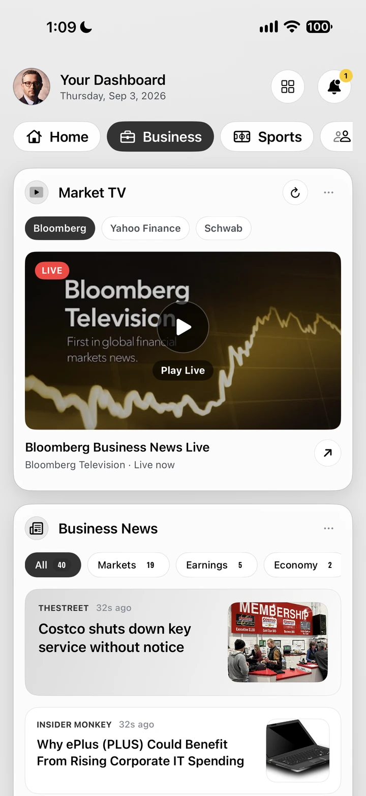 Native iOS business dashboard interface shown in an iPhone design