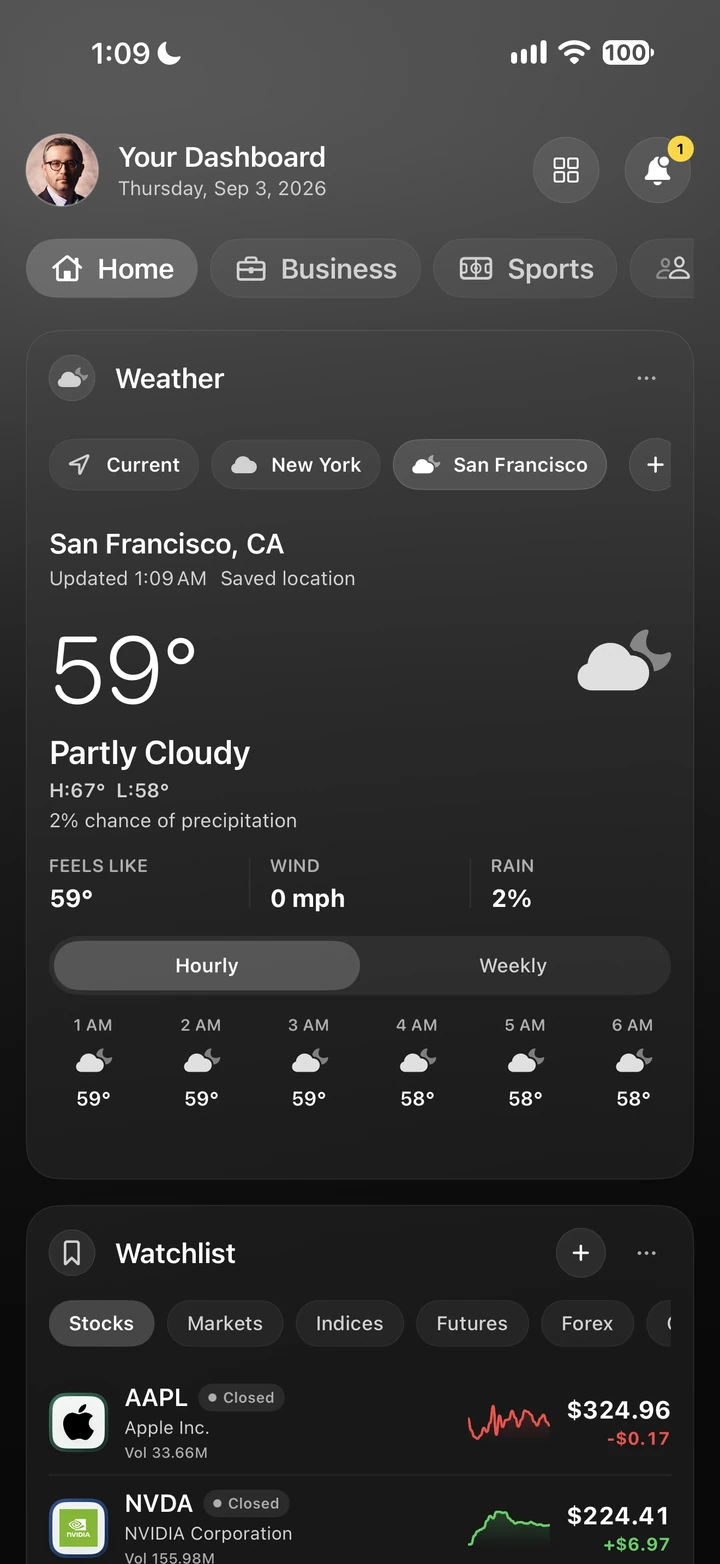 Dark-mode iOS dashboard interface inside an iPhone device