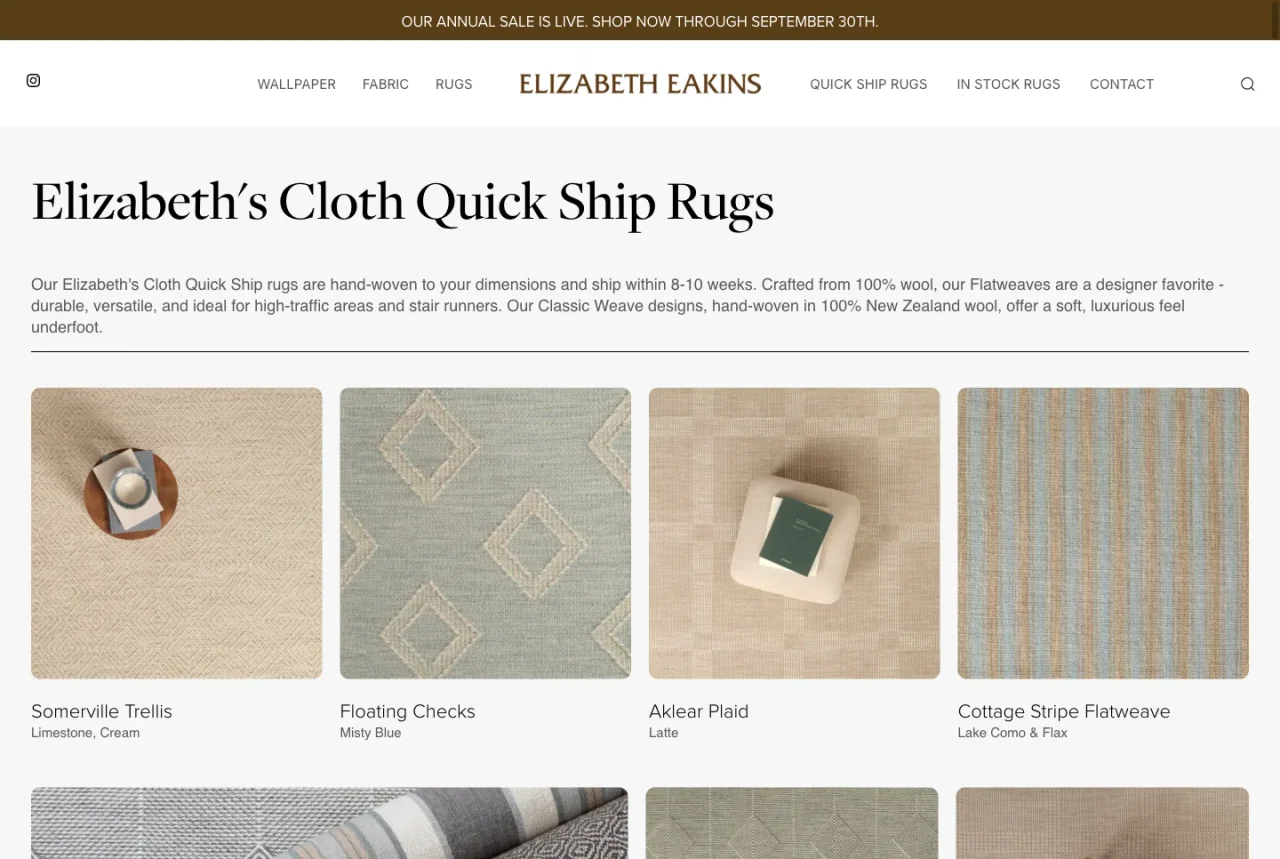 Elizabeth Eakins: Quick-ship rugs website screenshot