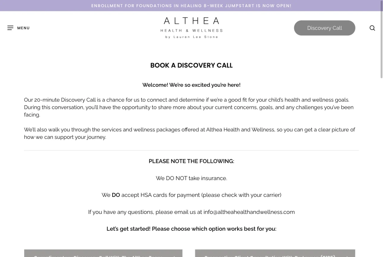 Althea Health & Wellness: Consultation information website screenshot