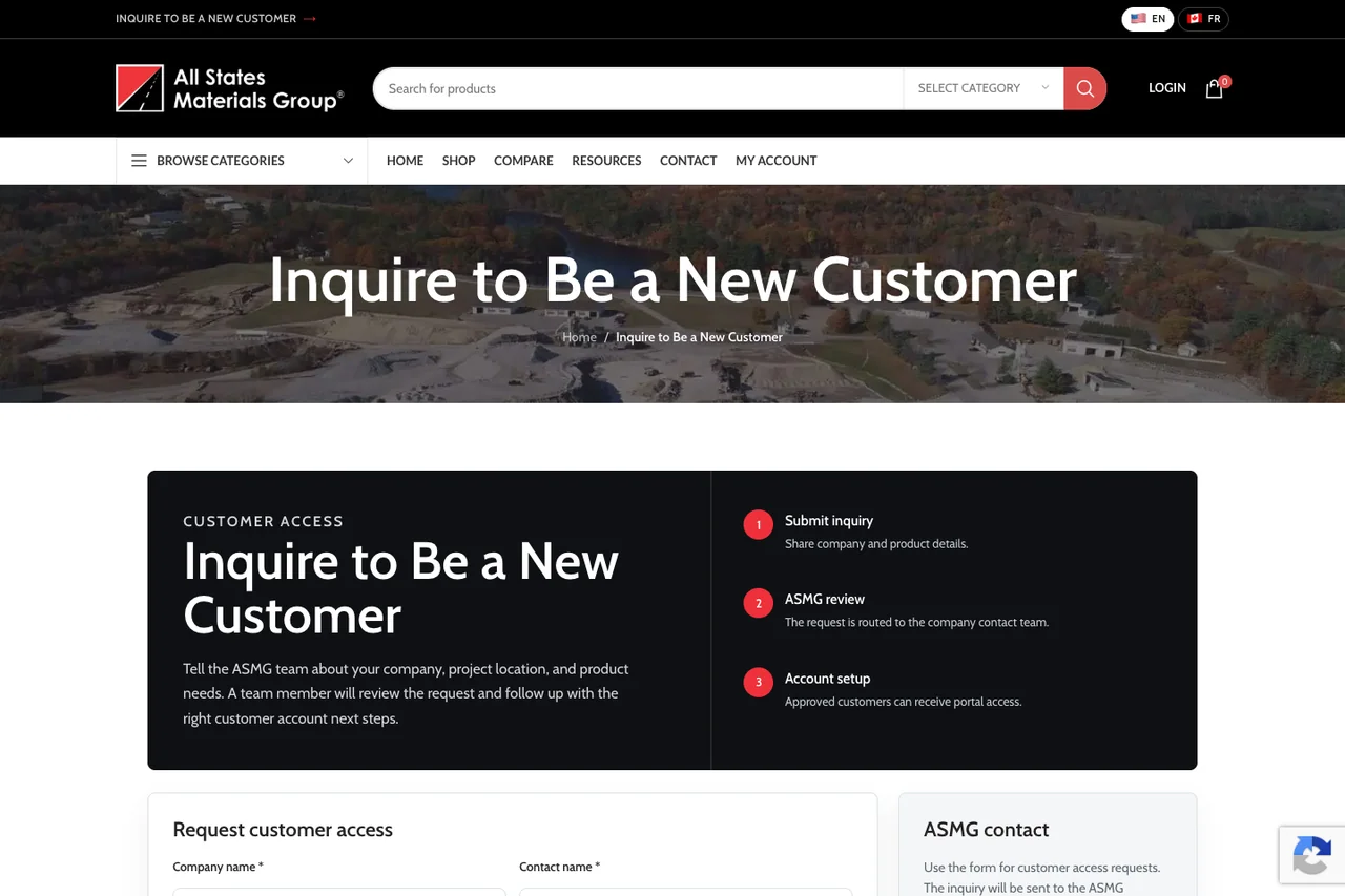 ASMG new-customer inquiry screenshot