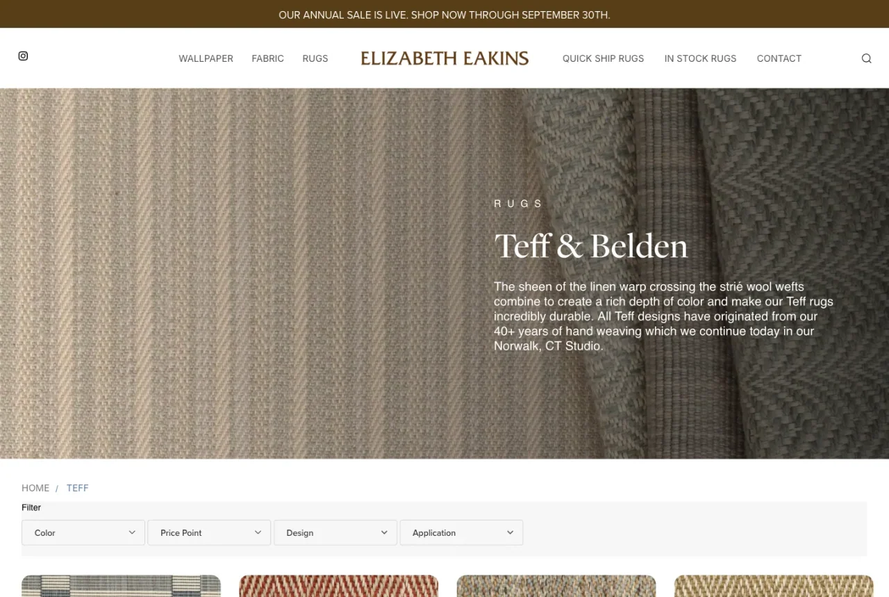 Elizabeth Eakins: Teff rug collection website screenshot