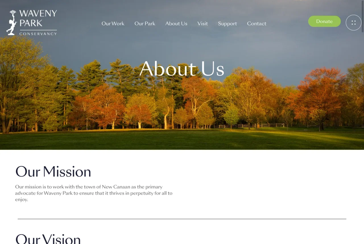 Waveny Park Conservancy: About the conservancy website screenshot