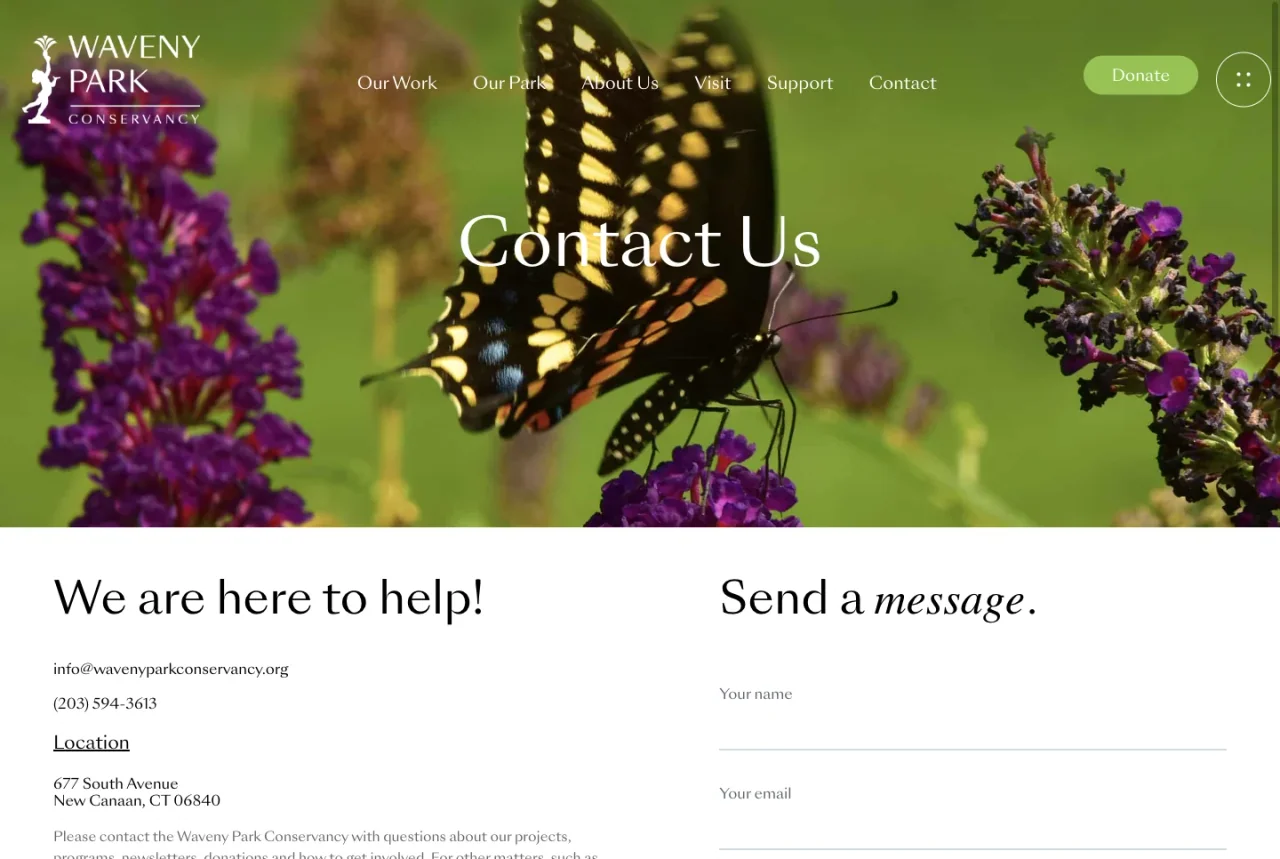 Waveny Park Conservancy: Contact the conservancy website screenshot