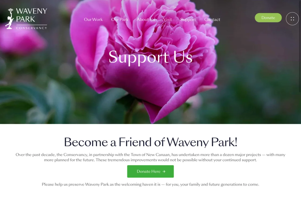 Waveny Park Conservancy: Support the park website screenshot