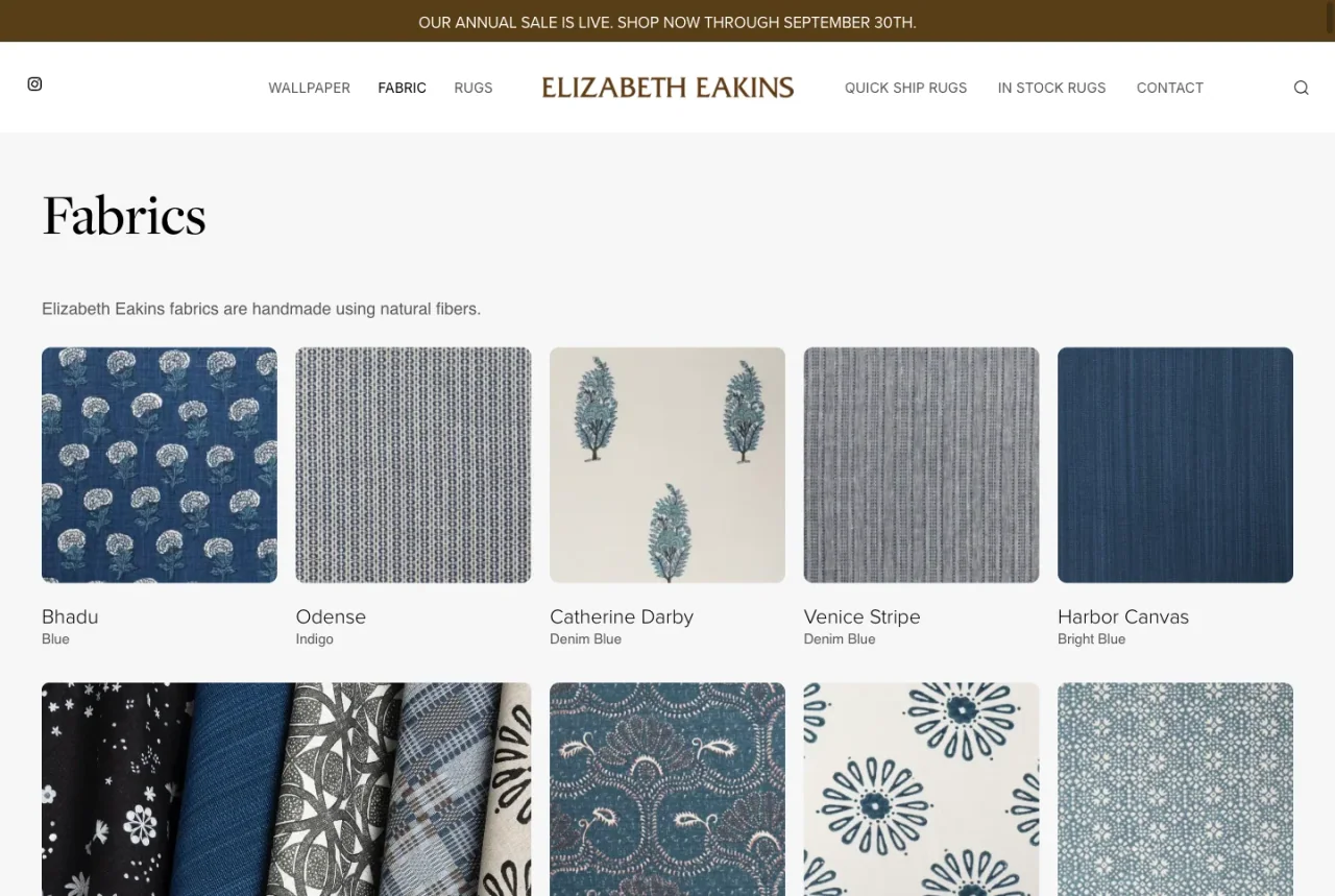 Elizabeth Eakins: Fabric collections website screenshot