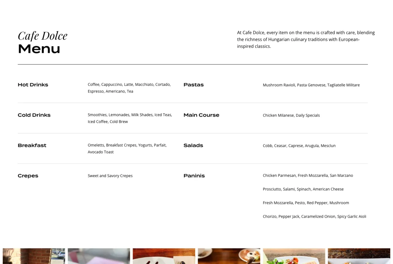 Cafe Dolce Norwalk: Food and drink menu website screenshot