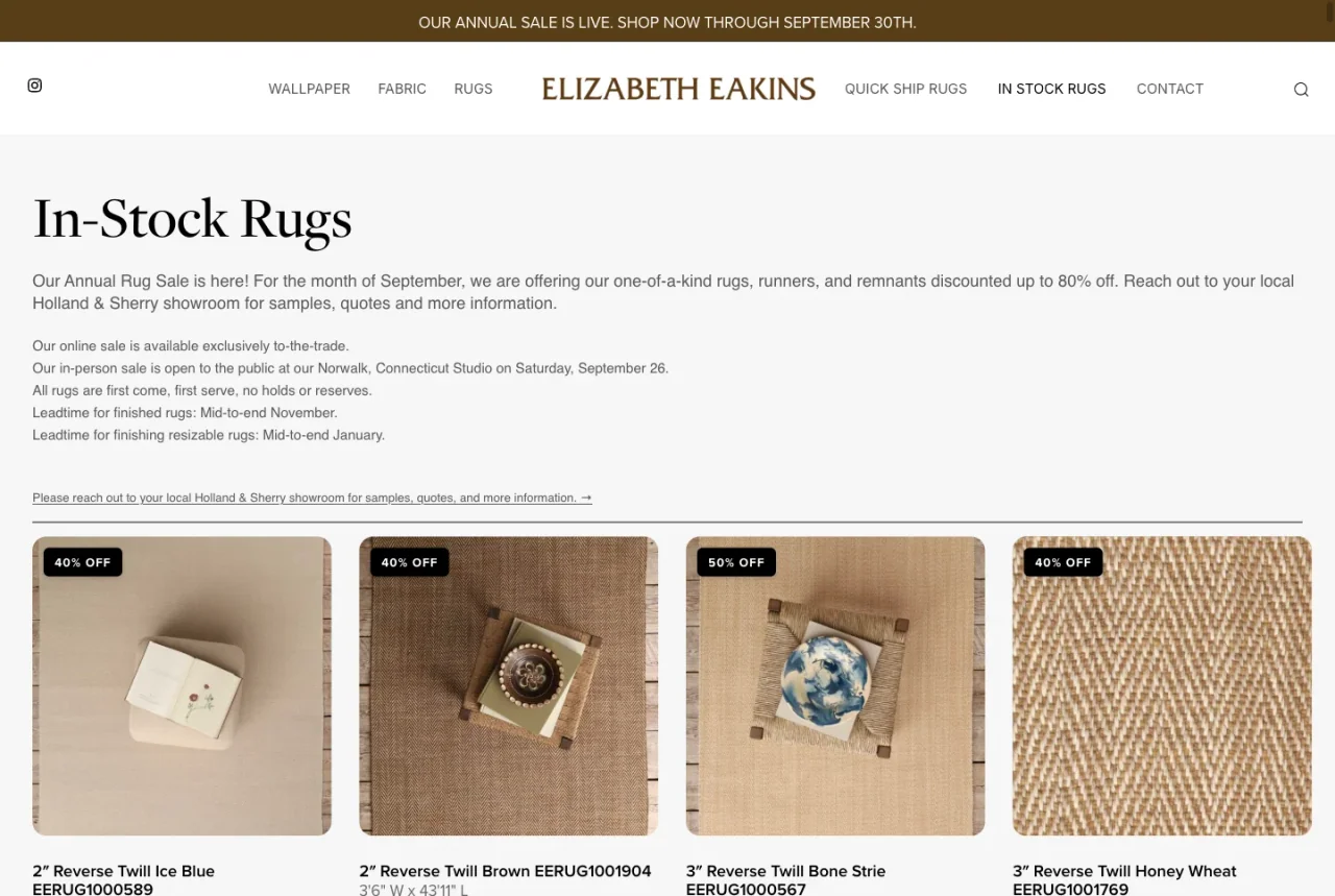 Elizabeth Eakins: In-stock rugs website screenshot