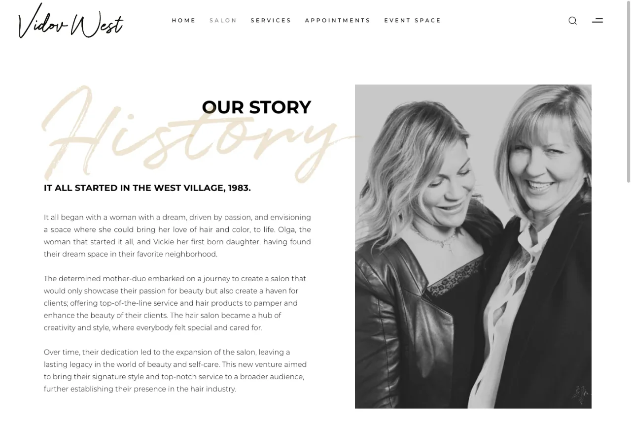 Vidov West Salon: About the salon website screenshot