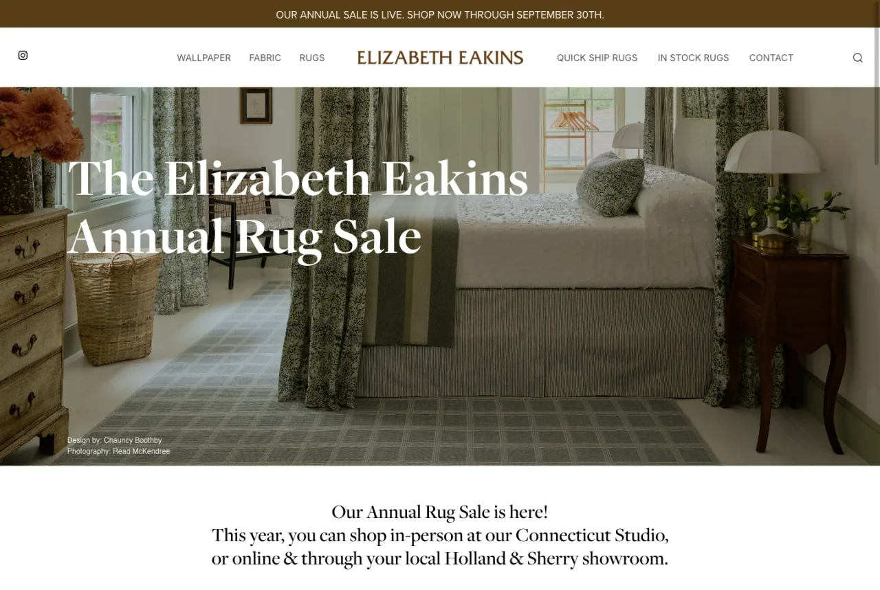 Elizabeth Eakins homepage with textile collections and a custom content-management backend