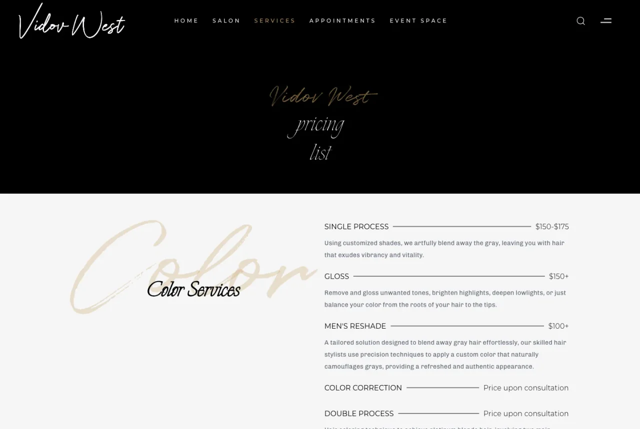 Vidov West Salon: Services and pricing website screenshot