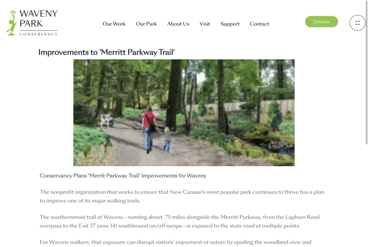 Waveny Park Conservancy: Merritt Parkway Trail improvements website screenshot