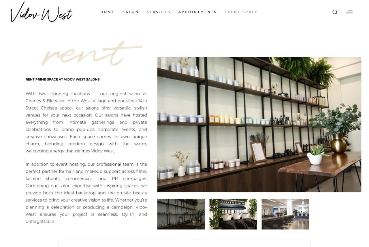 Vidov West Salon: Event space website screenshot