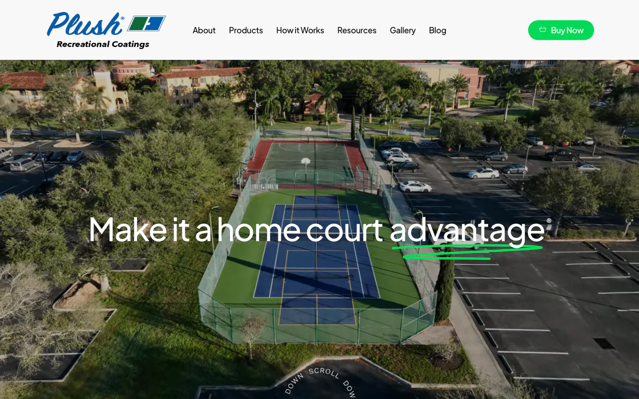 Plush Courts recreational coatings e-commerce website homepage