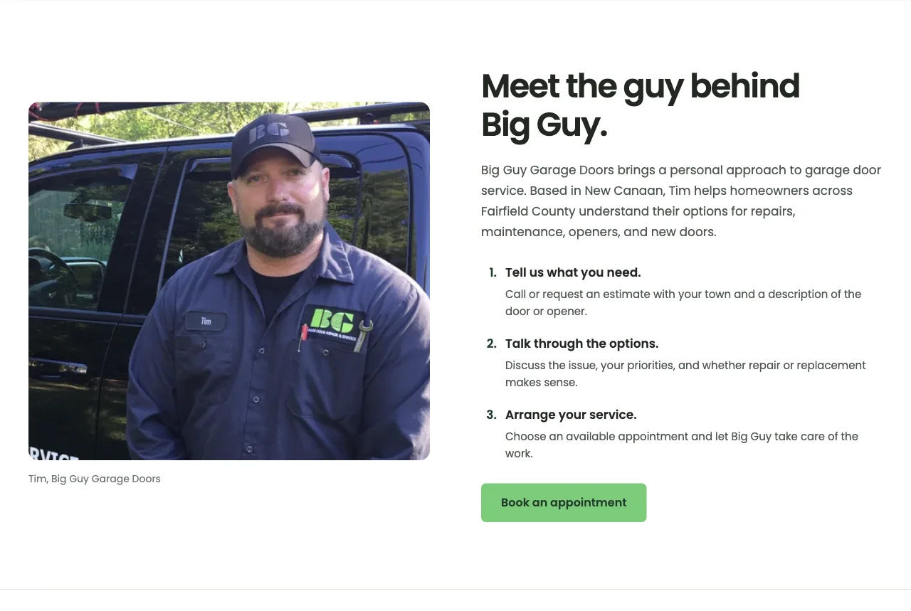 Big Guy Garage Doors: Homepage · Meet Tim website screenshot