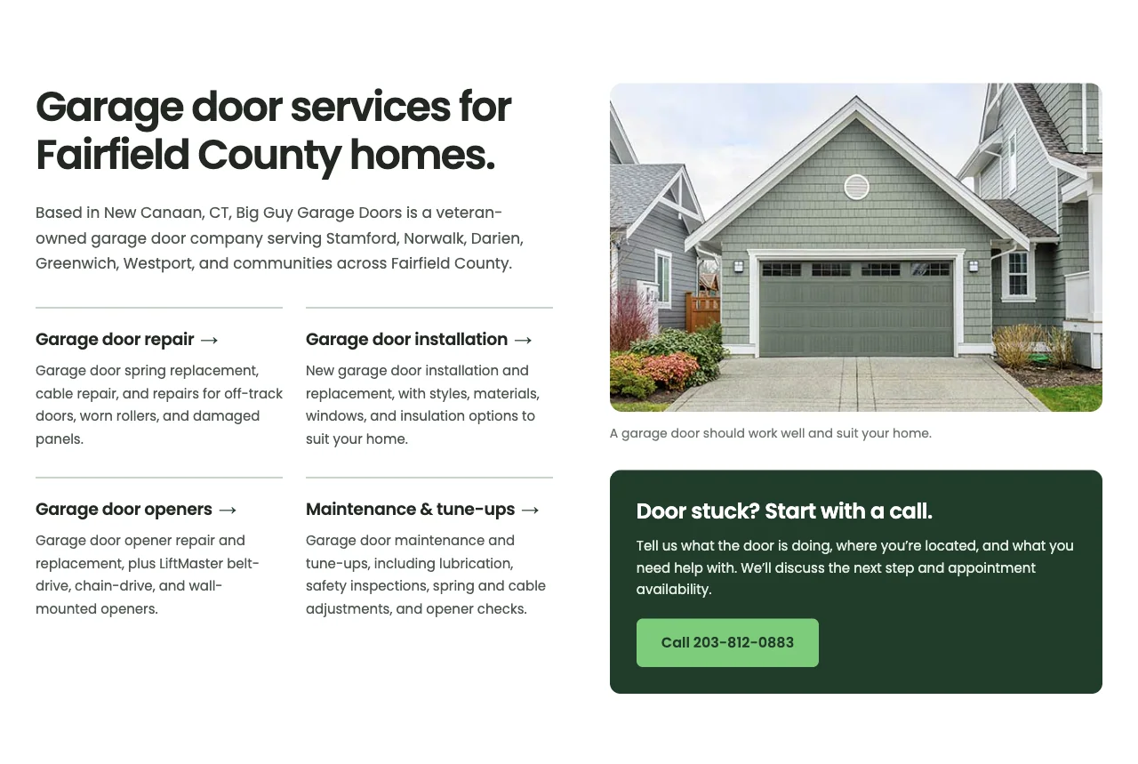 Big Guy Garage Doors: Homepage · Services website screenshot
