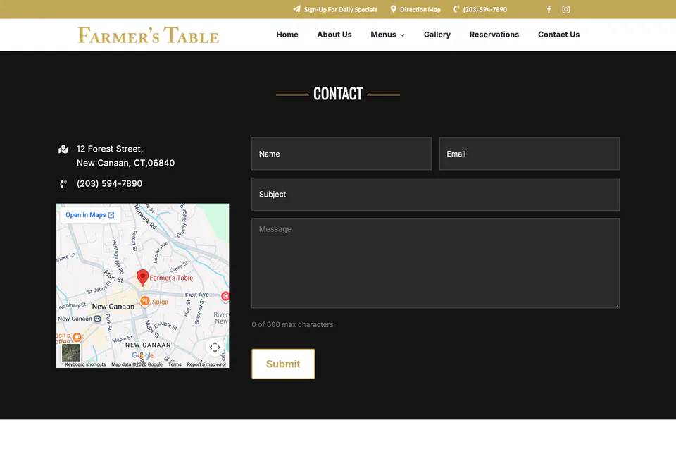 Farmer’s Table: Contact website screenshot