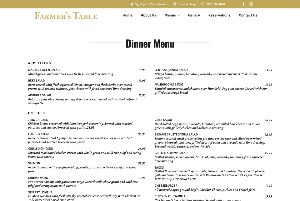 Farmer’s Table: Dinner Menu website screenshot