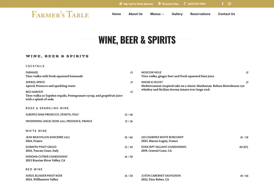 Farmer’s Table: Wine Beer Spirits Menu website screenshot
