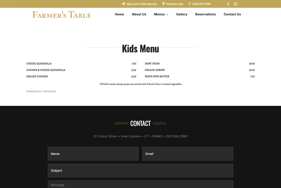 Farmer’s Table: Kids Menu website screenshot