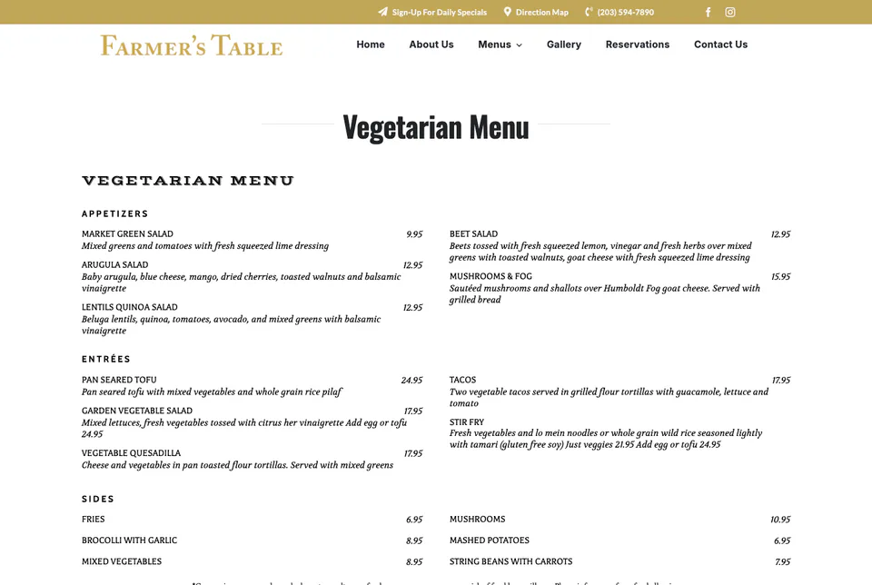Farmer’s Table: Vegetarian Menu website screenshot