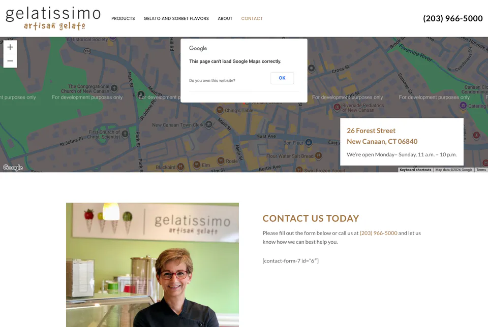 Gelatissimo: Contact website screenshot