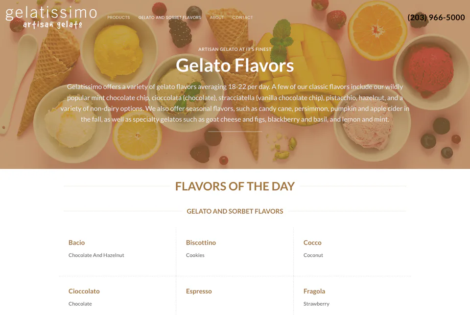 Gelatissimo: Gelato and Sorbet Flavors website screenshot