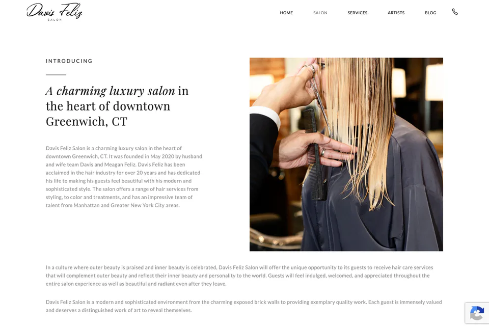 Davis Feliz Salon: About website screenshot