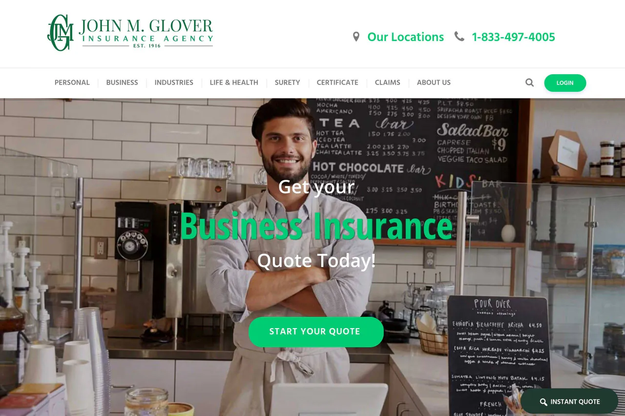 John M. Glover Insurance Agency website homepage designed by AK Design House