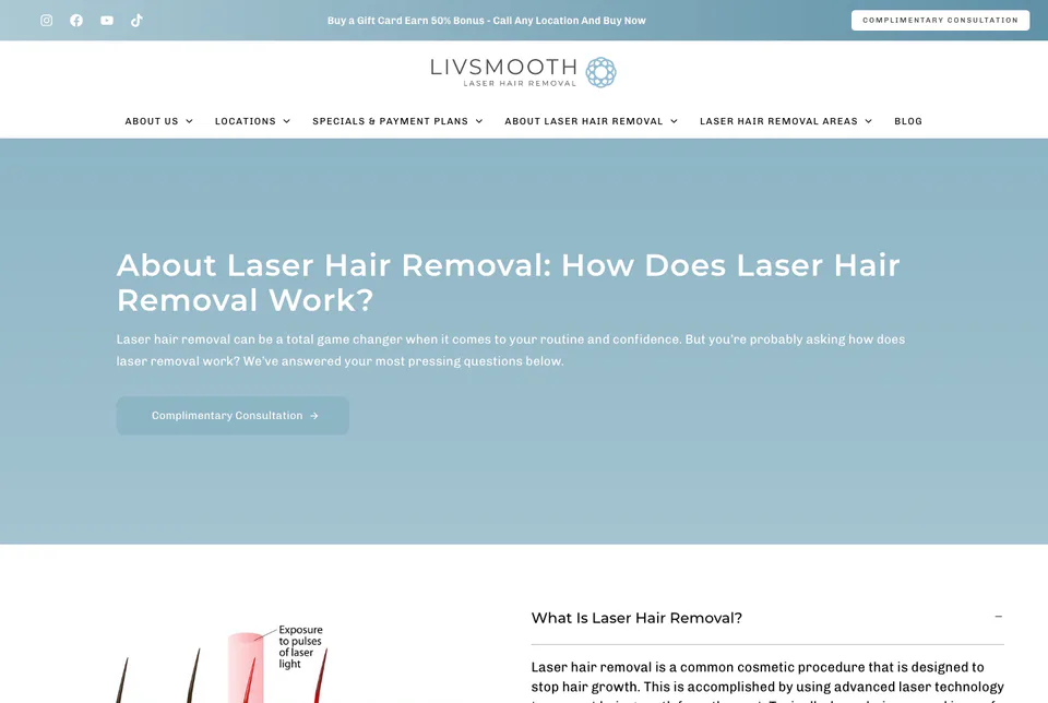 LivSmooth Laser Hair Removal: About Laser Hair Removal website screenshot