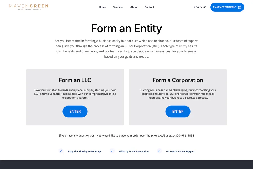 Maven Green Accounting: Form an Entity website screenshot
