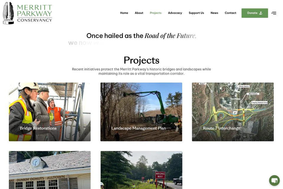 Merritt Parkway Conservancy: Current Projects website screenshot