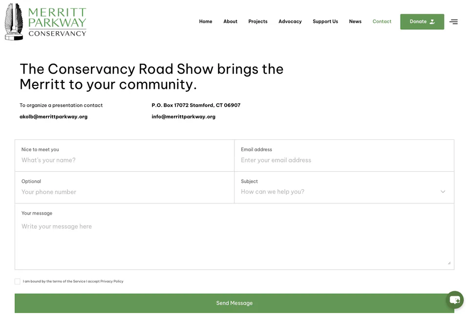Merritt Parkway Conservancy: Contact the Conservancy website screenshot