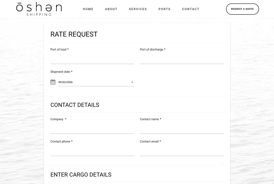 OSHEN Cargo Shipping: Rate Request website screenshot