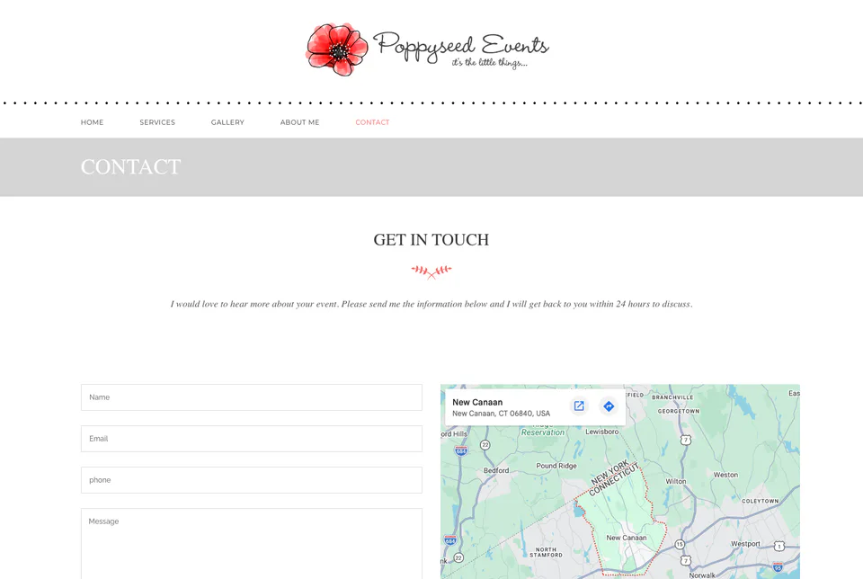 Poppyseed Events: Contact website screenshot