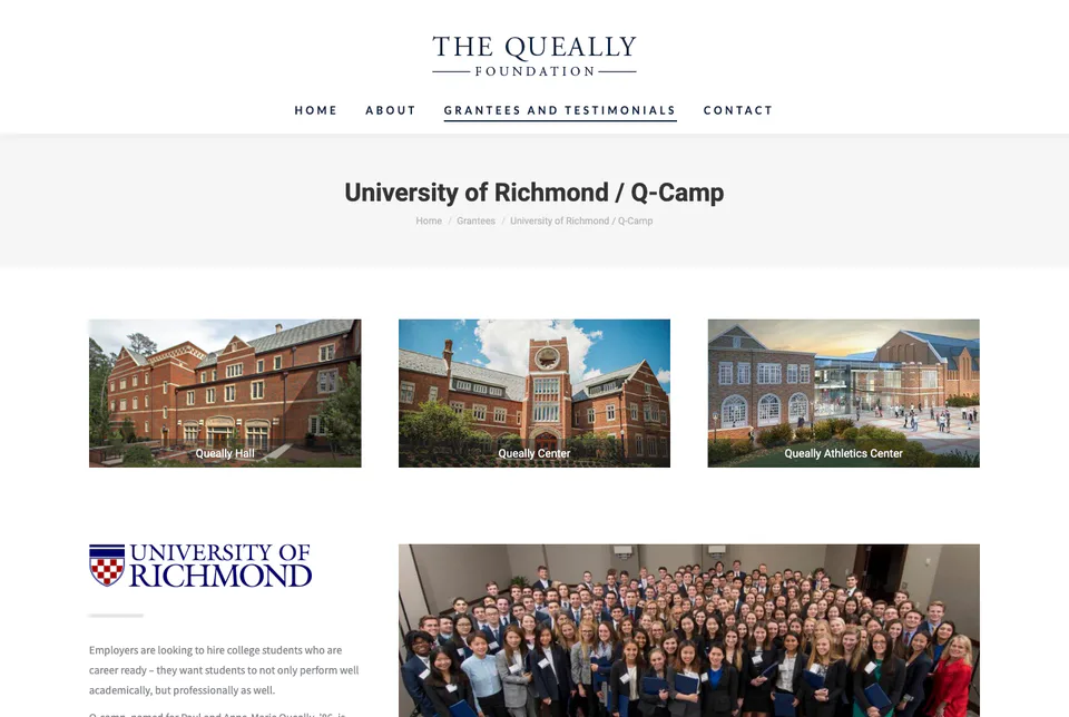 The Queally Foundation: University of Richmond Q Camp website screenshot