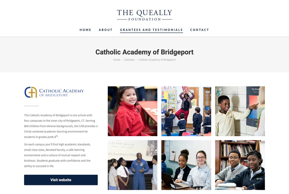 The Queally Foundation: Catholic Academy of Bridgeport website screenshot