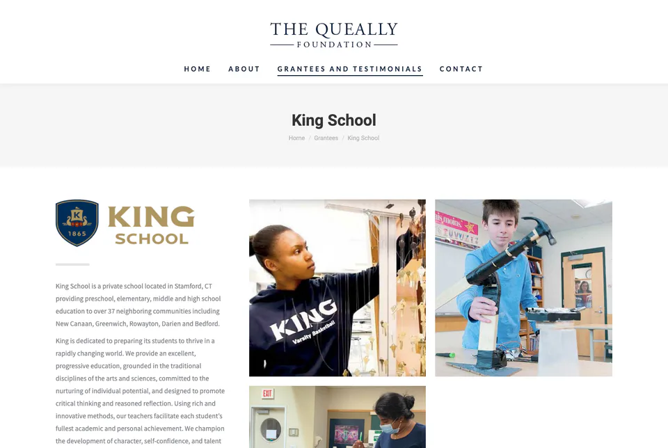 The Queally Foundation: King School website screenshot