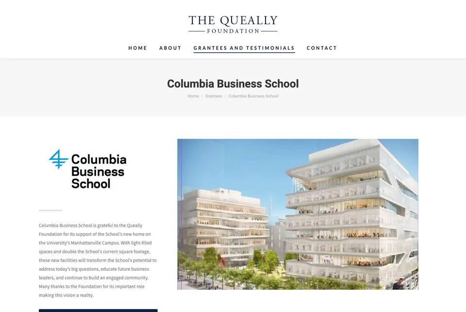The Queally Foundation: Columbia Business School website screenshot