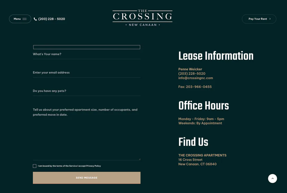The Crossing New Canaan: Lease Information website screenshot