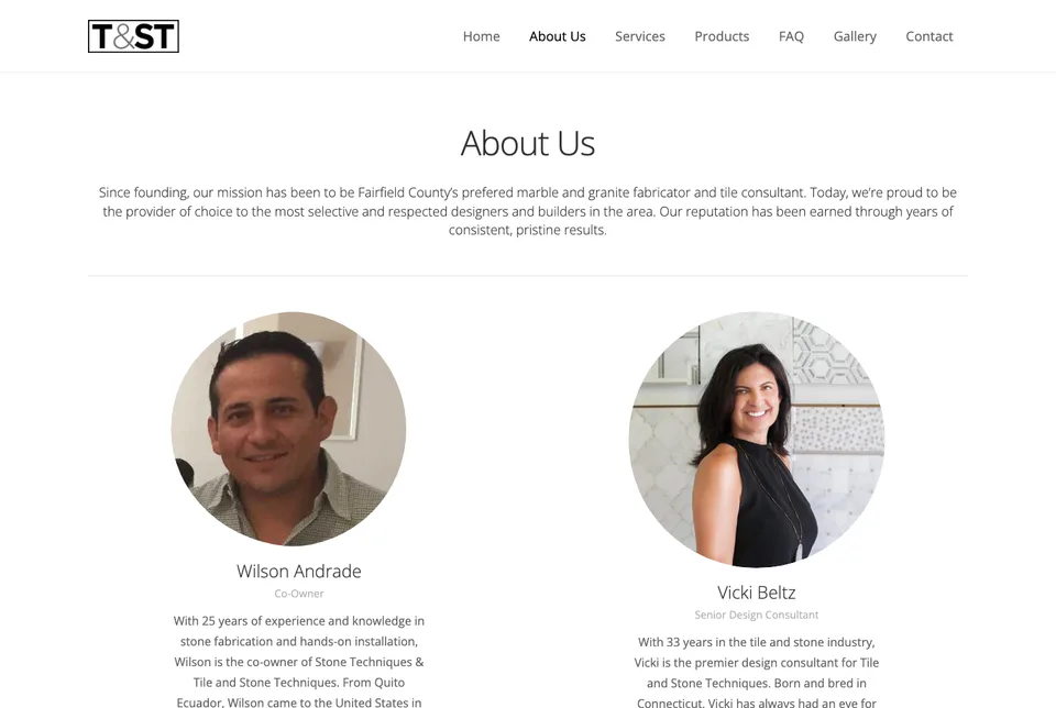 Tile & Stone Techniques: About Us website screenshot