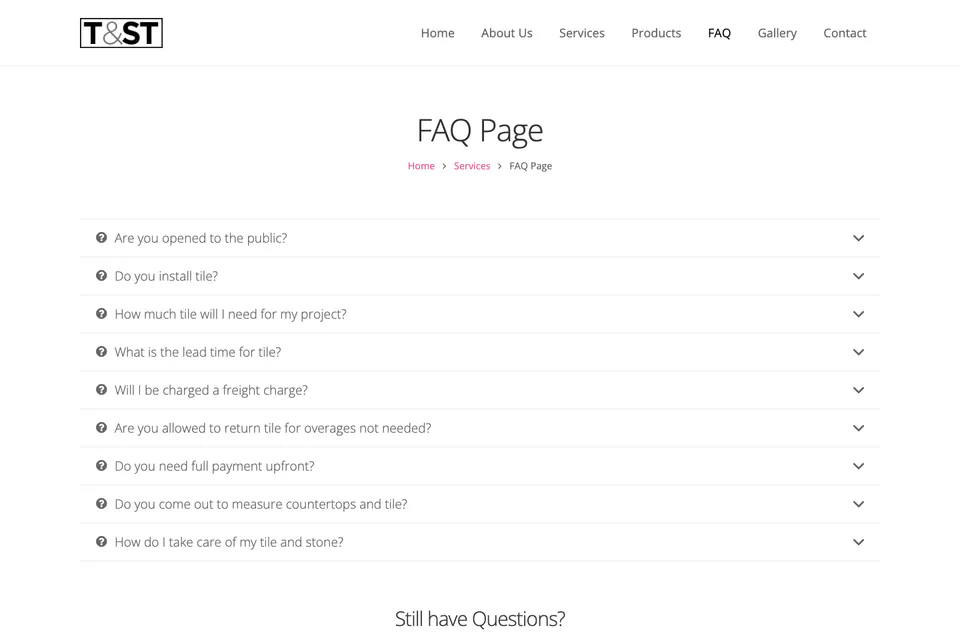 Tile & Stone Techniques: Frequently Asked Questions website screenshot