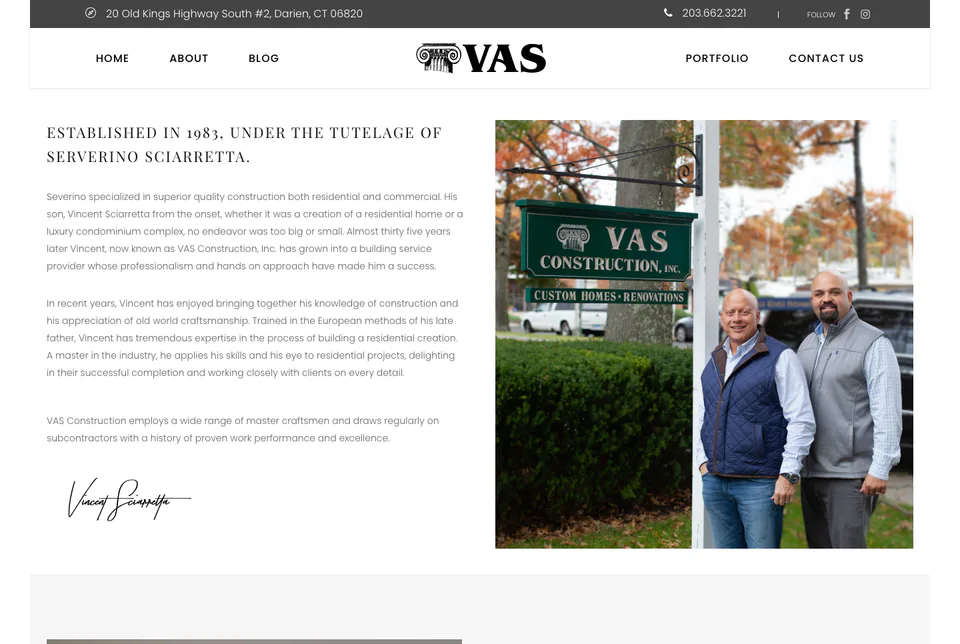 VAS Construction: Our Company website screenshot
