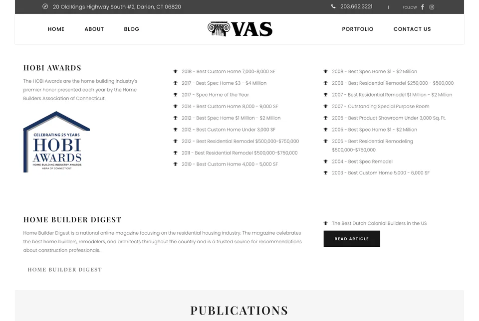 VAS Construction: Awards website screenshot