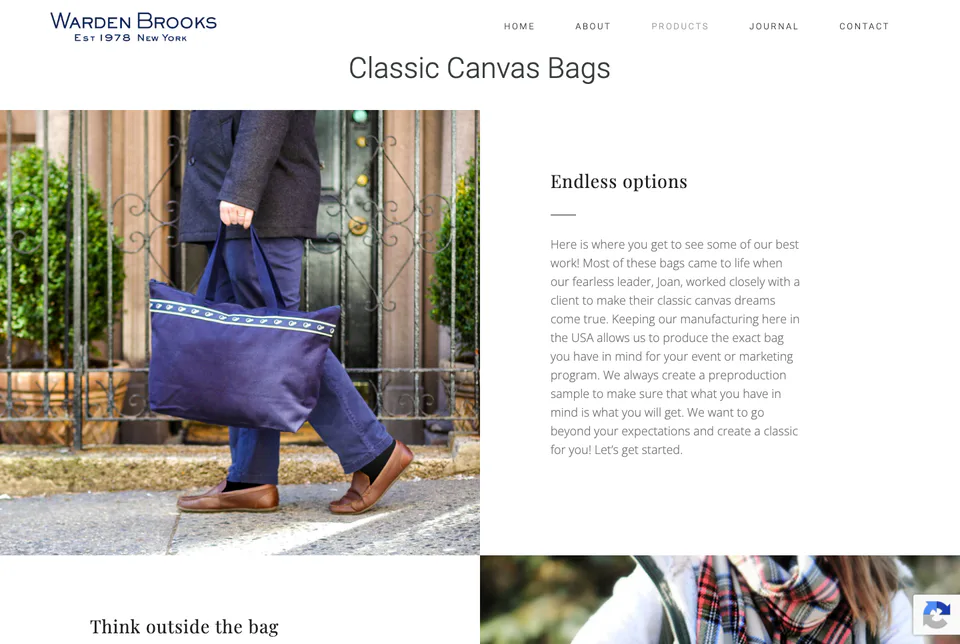 Warden Brooks: Classic Canvas Bags website screenshot