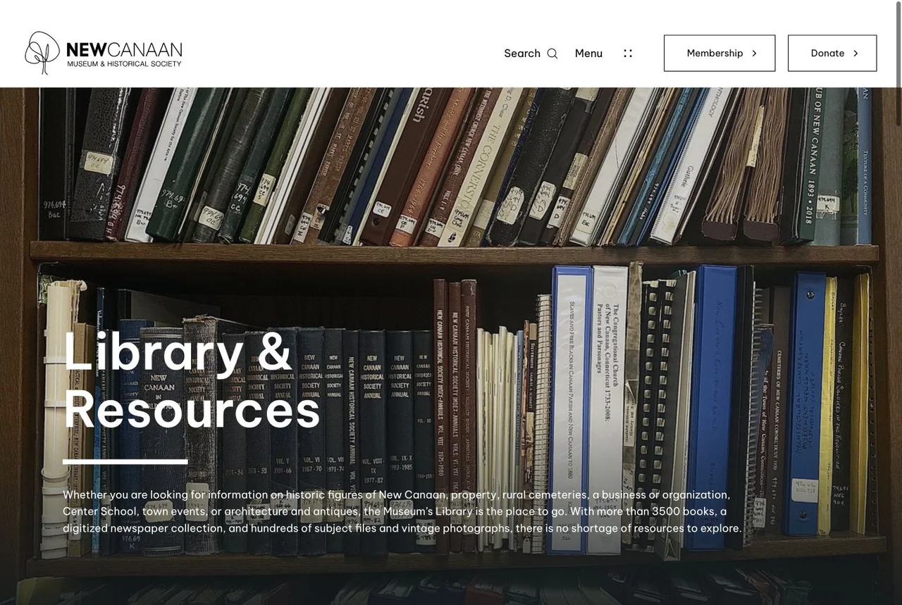 New Canaan Museum & Historical Society: Library & Resources website screenshot