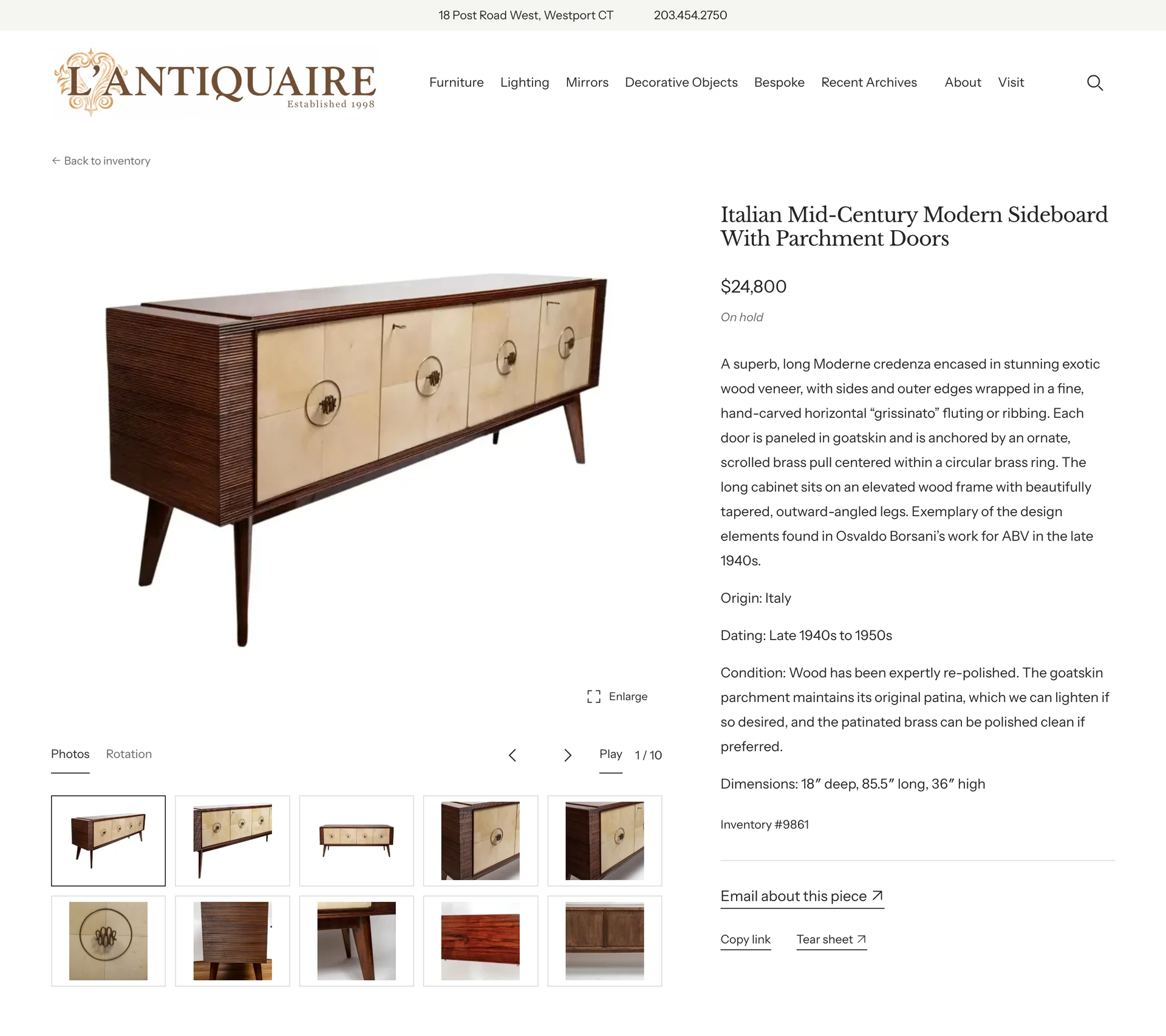 L’Antiquaire sideboard product page with a photo gallery, price, availability, dimensions, and inquiry and tear-sheet tools